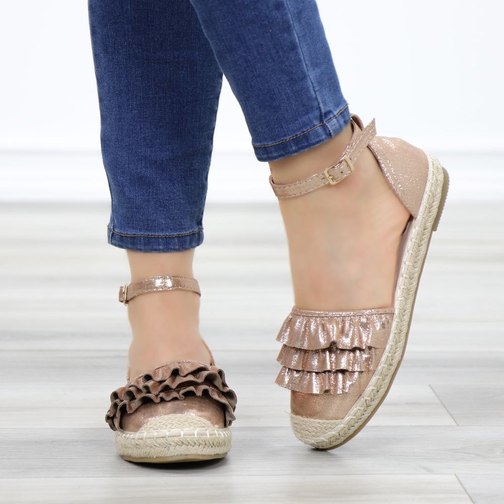 Sparkly Champagne Espadrille Ruffle Sandals - Picture 9 of 11